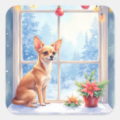 Chihuahua Snowy Windowsill Holiday Christmas Art Quadratischer Aufkleber (Vorderseite)