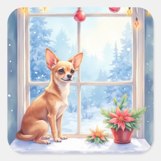 Chihuahua Snowy Windowsill Holiday Christmas Art Quadratischer Aufkleber (Vorderseite)