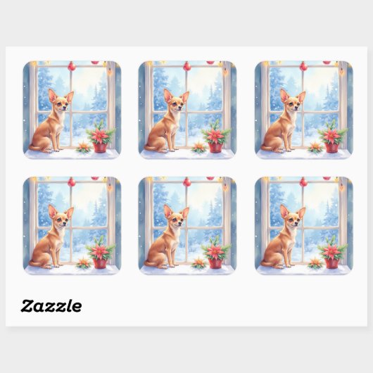 Chihuahua Snowy Windowsill Holiday Christmas Art Quadratischer Aufkleber (Blatt)