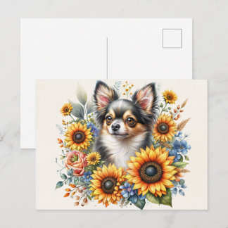 Chihuahua-Sonnenblumen-Postkarte | Süße florale Hu Postkarte