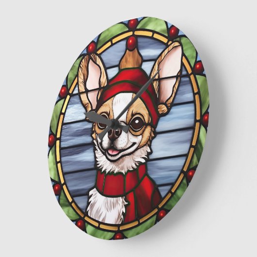 Chihuahua Stached Glass Christmas Große Wanduhr (Winkel)