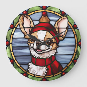 Chihuahua Stached Glass Christmas Große Wanduhr