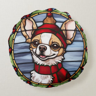 Chihuahua Stached Glass Christmas Rundes Kissen