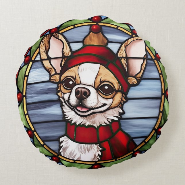 Chihuahua Stached Glass Christmas Rundes Kissen (Rückseite)