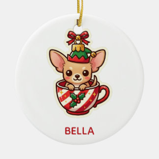 Chihuahua Teetassen-Weihnachts-Kawaii-Elfenhut-Orn Keramik Ornament