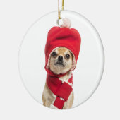 Chihuahua-tragender Weihnachtshut und -schal Keramikornament (Links)