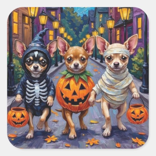 Chihuahua Trick-or-Treating in Halloween-Kostümen Quadratischer Aufkleber (Vorderseite)