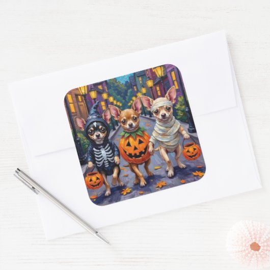 Chihuahua Trick-or-Treating in Halloween-Kostümen Quadratischer Aufkleber (Umschlag)