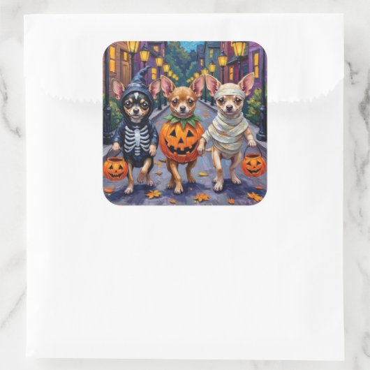 Chihuahua Trick-or-Treating in Halloween-Kostümen Quadratischer Aufkleber (Tasche)