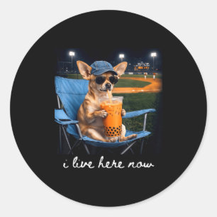 Chihuahua trinkt eisgekühlten Kaffee Baseballfeld Runder Aufkleber