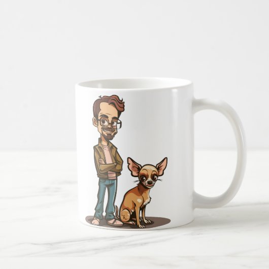 Chihuahua und Mann in Jacke Cartoon-Tasse Kaffeetasse (Rechts)