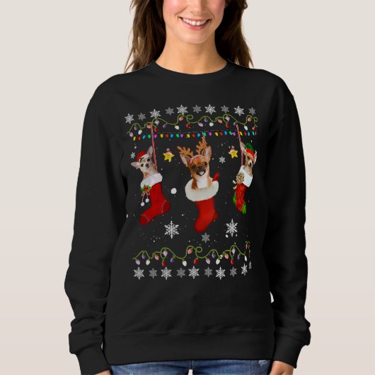 Chihuahua Weihnachtssocken Lights Dog Xmas Sweatshirt (Vorderseite)