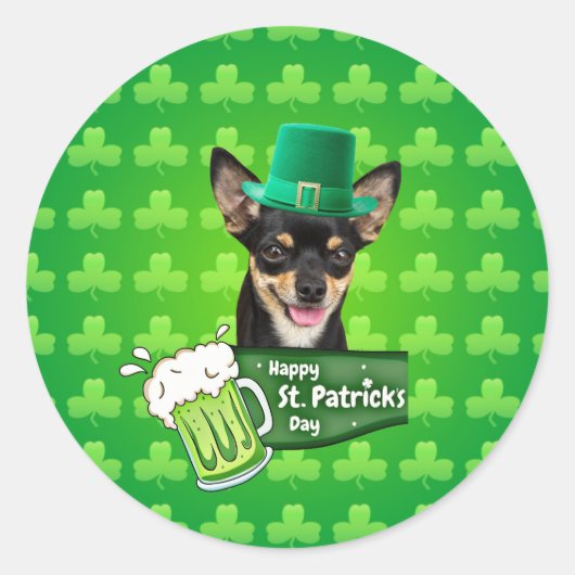 Chihuahua Welpe Dog St. Patrick's Day Green Clover Runder Aufkleber (Vorderseite)
