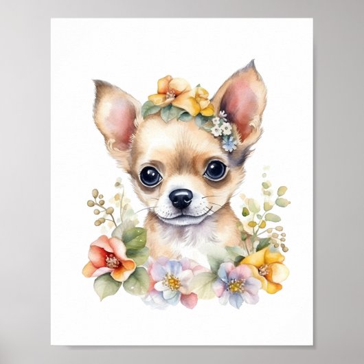 Chihuahua Welpe Haustier Wasserfarbe Blume Poster (Vorne)