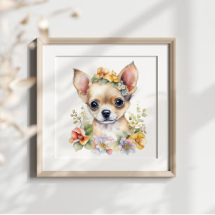 Chihuahua Welpe Haustier Wasserfarbe Blume Poster
