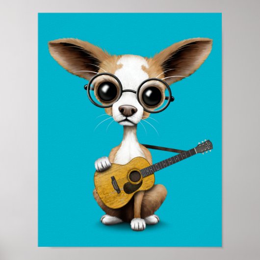 Chihuahua Welpe Hund spielen alte akustische Gitar Poster (Vorne)