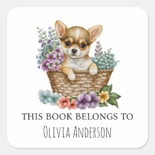 chihuahua Welpe in Blumenkorb Dieses Buch gehört Quadratischer Aufkleber