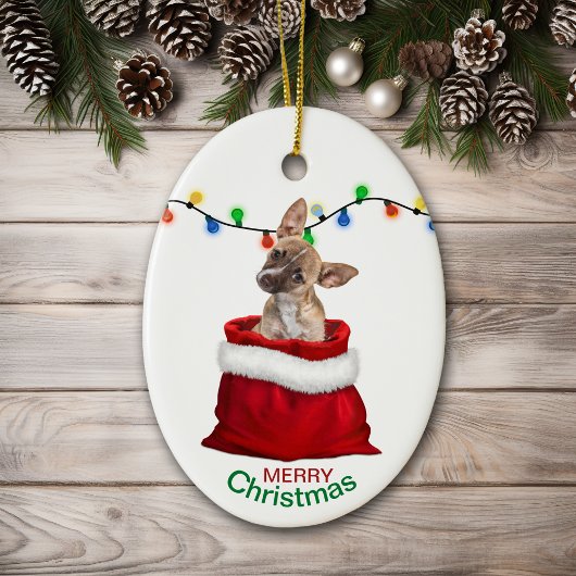 Chihuahua Welpe in der Geschenktasche Weihnachten Keramik Ornament