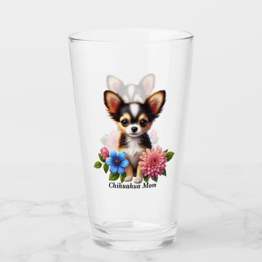 Chihuahua Welpe mit dekorativen Blume Glas (Vorderseite)