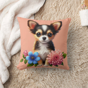 Chihuahua-Welpe mit dekorativen Blumen Kissen