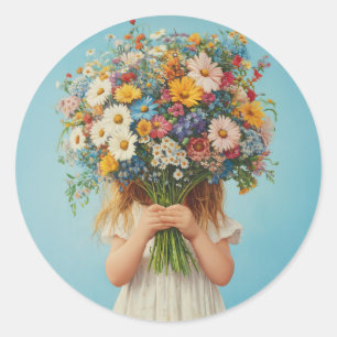 Child Holding a Lush Wildblume Bouquet Runder Aufkleber