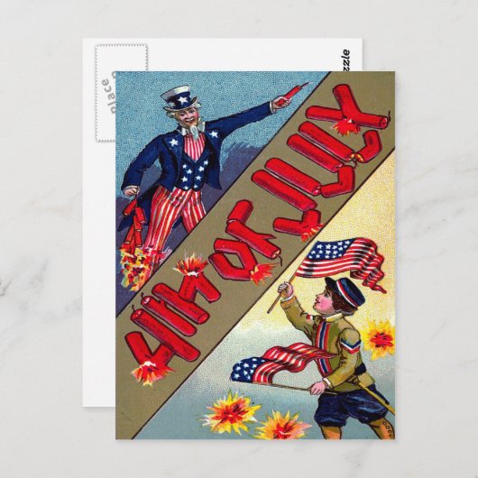 Child Uncle Sam American Flag Feuerwerk Postkarte (Vorne/Hinten)
