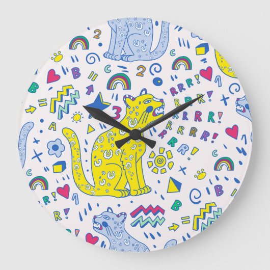 Childisch-Tiger und Regenbogenmuster Große Wanduhr (Vorderseite)