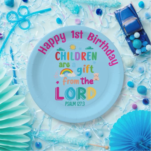 "Children Are a Gift from the Lord" Custom (blue) Pappteller (Party)