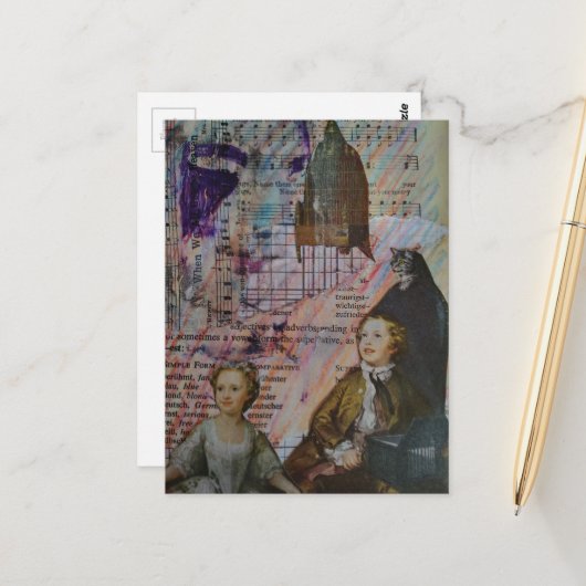 children dance cat bird cage sheet music collage postkarte (Vorderseite/Rückseite Beispiel)