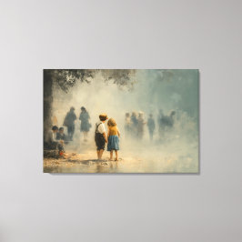 Children in Misty Street Impressionist Scene Leinwanddruck
