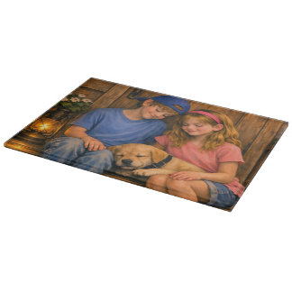 Children with Sleeping Puppy Glass Cutting Board Schneidebrett
