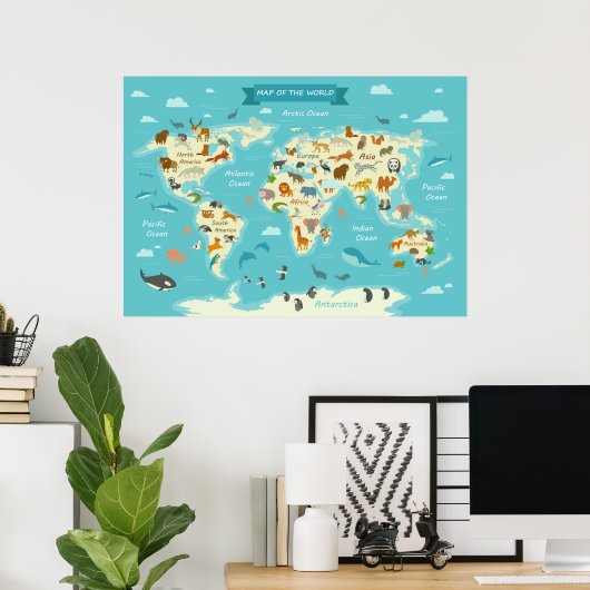 Children World Map mit Illustration Value Poster (Heimbüro)