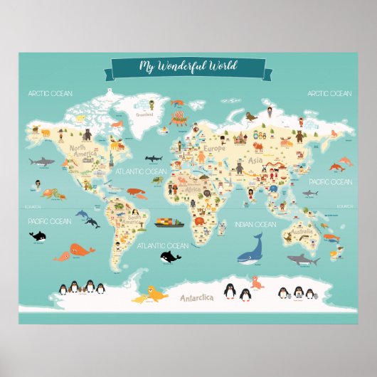 Children World Map mit Illustrationen Poster (Vorne)