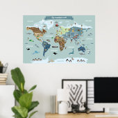 Children World Map mit Niedlichen Illustrationen Poster (Heimbüro)