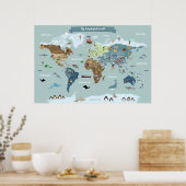Children World Map mit Niedlichen Illustrationen Poster (Küche)
