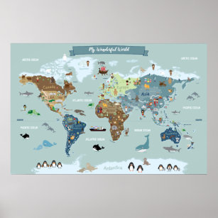 Children World Map mit Niedlichen Illustrationen Poster