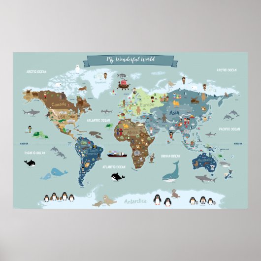 Children World Map mit Niedlichen Illustrationen Poster (Vorne)