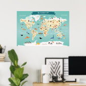 Children World Map mit Tieren und Sehenswürdigkeit Poster (Heimbüro)