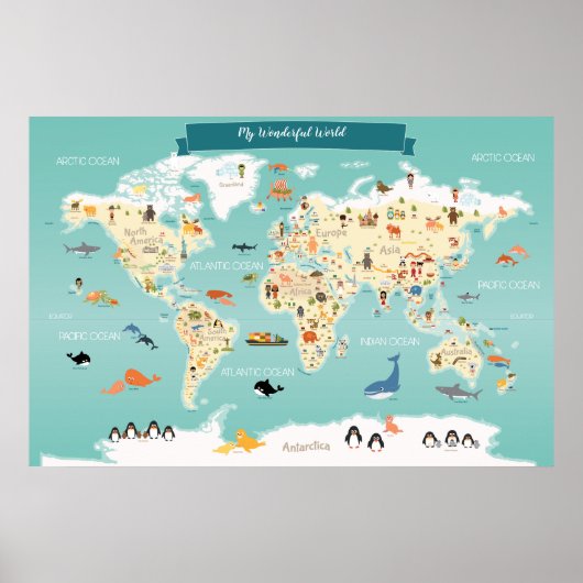 Children World Map mit Tieren und Sehenswürdigkeit Poster (Vorne)