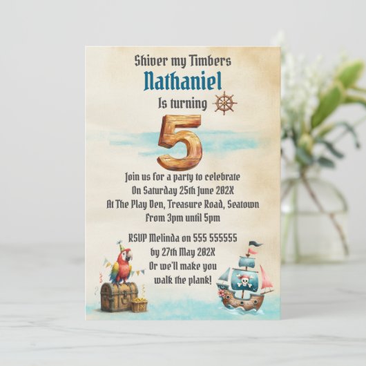 Childrens Pirate Themed Birthday Party Invitation Einladung (Stehend Vorderseite)