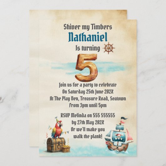 Childrens Pirate Themed Birthday Party Invitation Einladung (Vorne/Hinten)