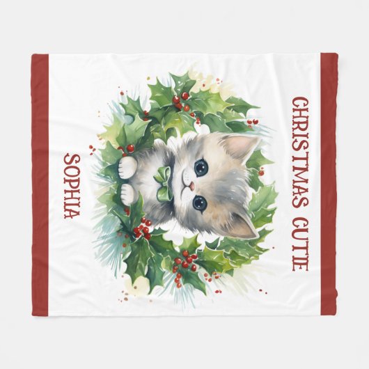 Child's Christmas Blanket With Kitten and Name Fleecedecke (Vorderseite (Horizontal))
