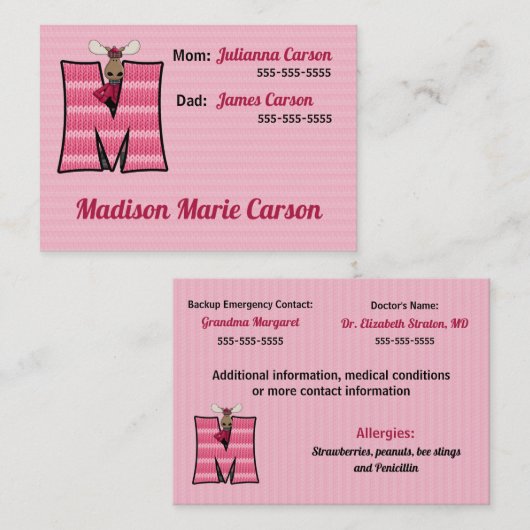 Child's Emergency Information Cards Monogram M Telefonnummerkarte (Vorne/Hinten)