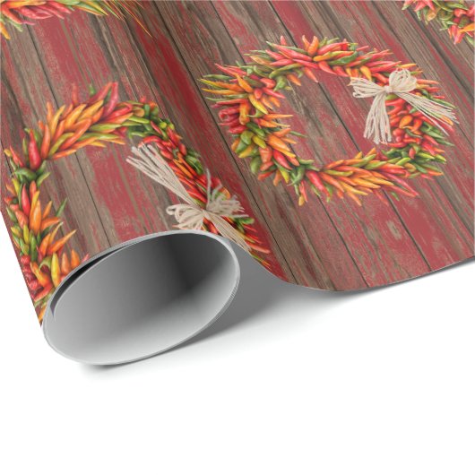 Chile Pepper Wreaths on Rustic Wood Pattern Geschenkpapier (Rolleneckpunkt)