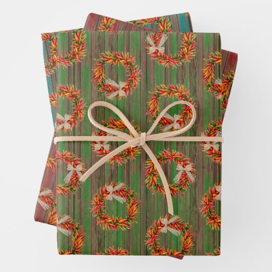 Chile Pepper Wreaths on Rustic Wood Pattern Geschenkpapier Set (Beispiel)