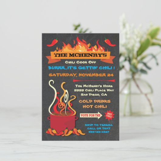 CHILI COOK OFF Chalkboard Party Poster Einladung (Stehend Vorderseite)