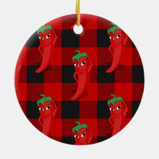 Chili Pepper Buffalo Kariertes Muster Schwarz und  Keramik Ornament (Hinten)
