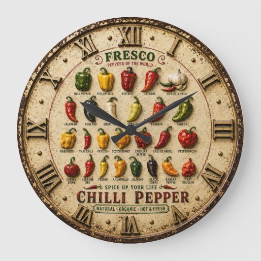 Chili Pepper Kitchen Rustic Farmhouse Chef Gift Große Wanduhr (Vorderseite)