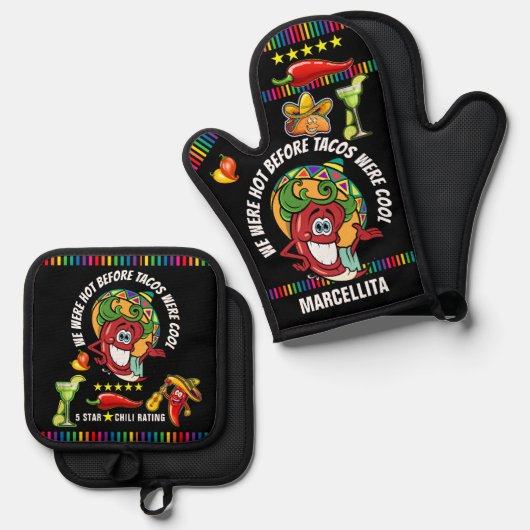 CHILI PEPPER SPASS OFENHANDSCHUH & Topflappen-Set (Vorderseite/Rückseite)