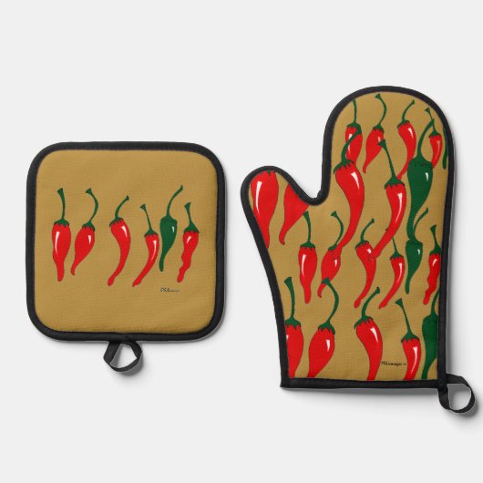 Chili Peppers Oven Mitt and Pot Holders Ofenhandschuh & Topflappen-Set (Vorderseite)